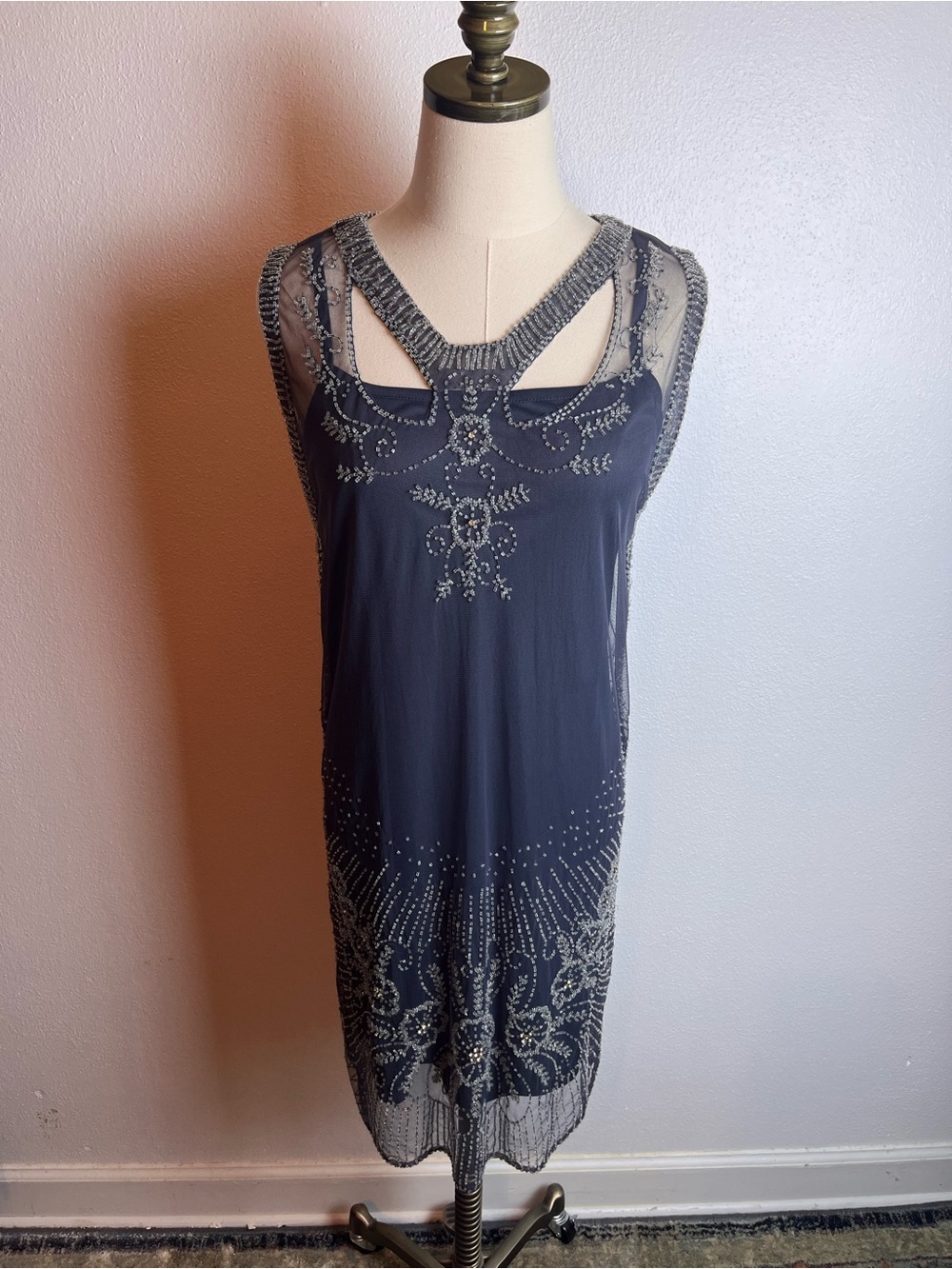 Sparkle & Fade Navy Beaded Sleeveless Tunic Dress Retro Flapper Art Deco Style